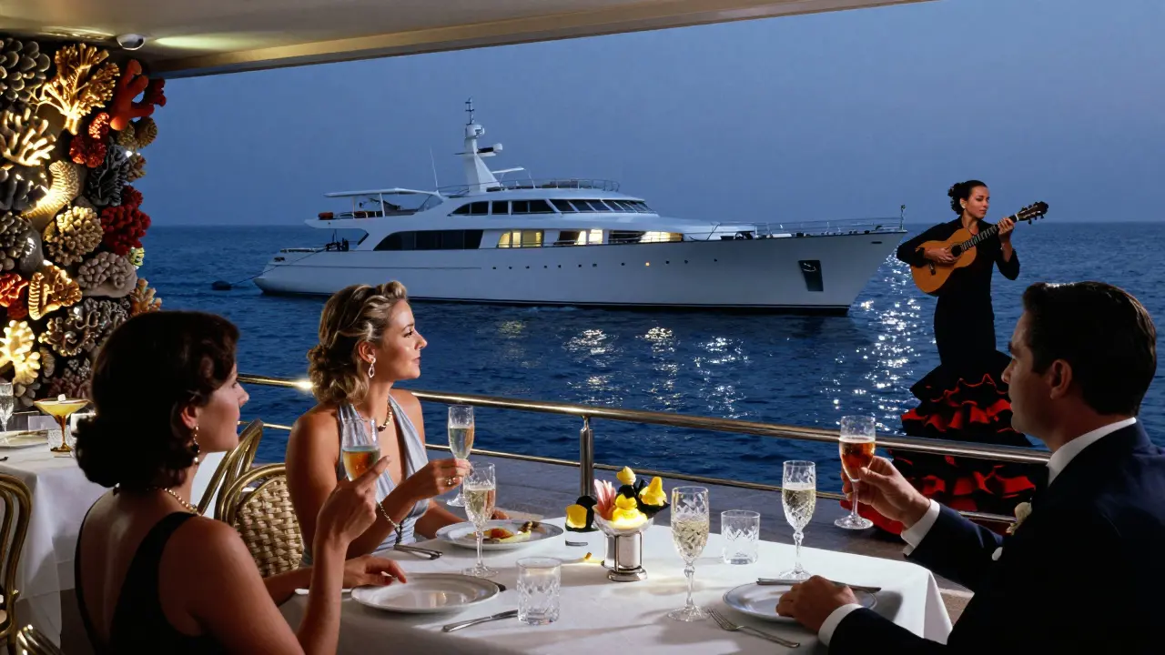 A vintage superyacht nightclub at sea with guests sipping champagne under moonlight and live music.