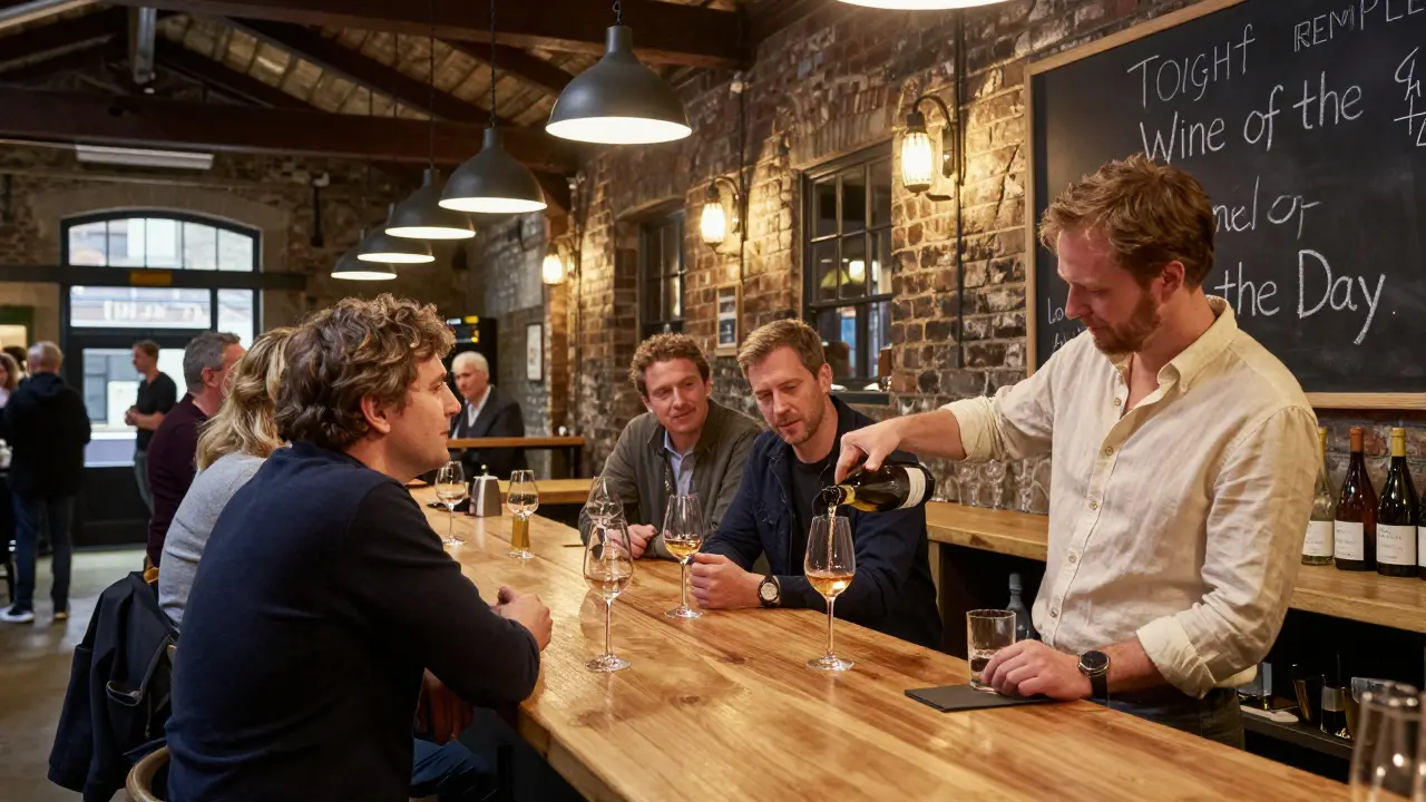 A wine bar in a converted warehouse with a winemaker pouring sparkling wine for locals at the counter.