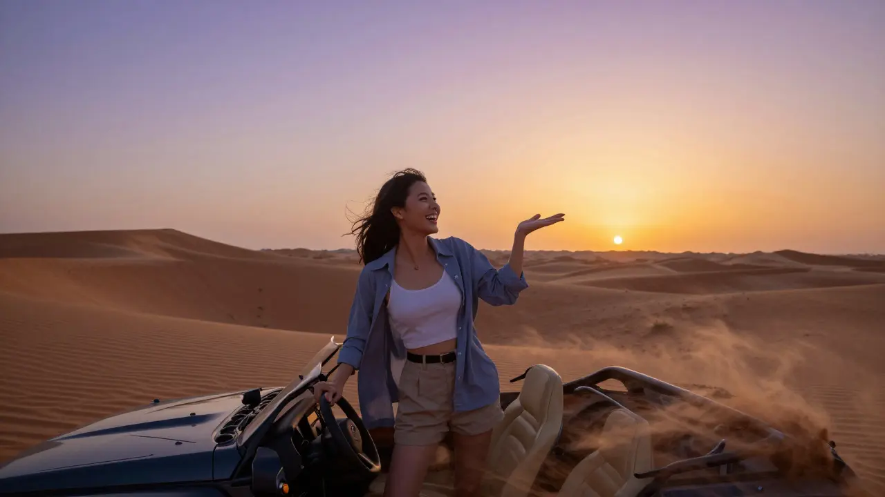 A woman and client enjoying a desert sunset drive in a luxury SUV, dunes glowing in golden light.