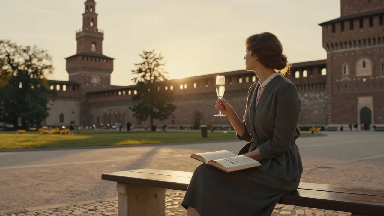 A woman sits alone on a bench at Sforza Castle at sunset, holding a glass of prosecco with the Duomo in the distance.