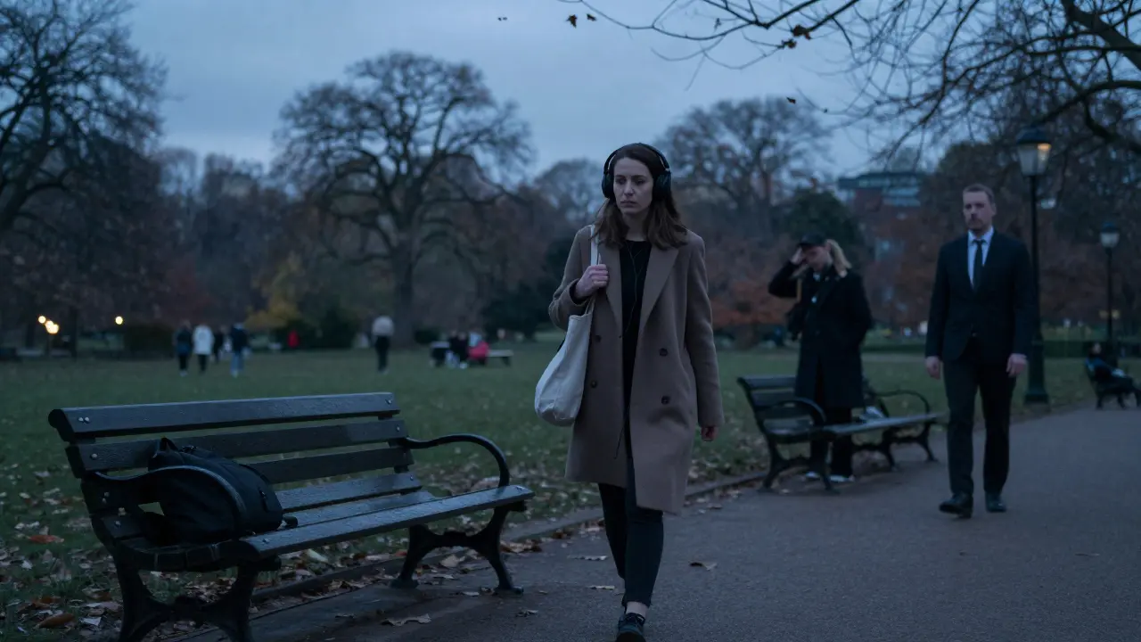 A woman walks alone through Hyde Park at dusk, surrounded by solitude, as a distant figure watches hesitantly.