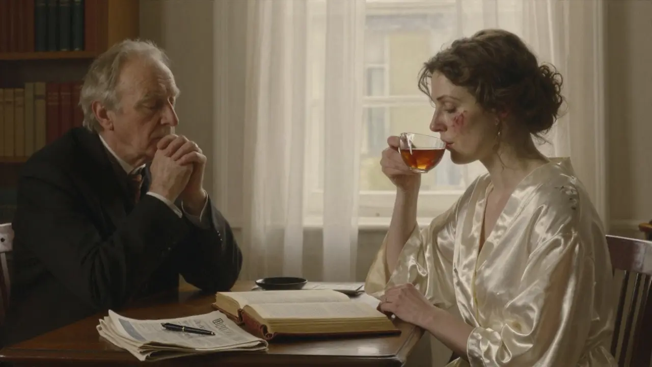 A woman with a scar listening intently to a man in a quiet, book-filled study bathed in morning light.