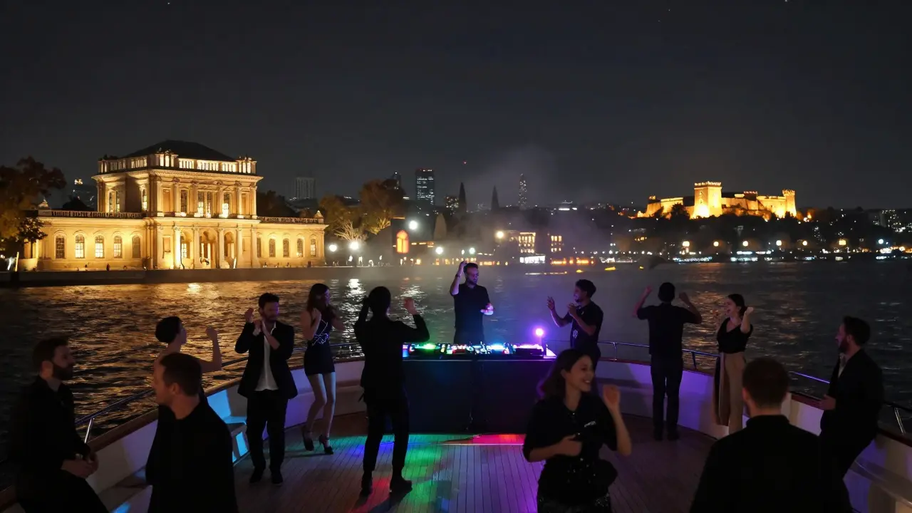 A yacht party on the Bosphorus with dancers under the stars, illuminated palaces on either side.