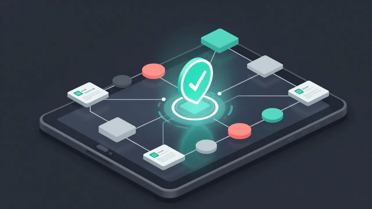 Abstract security network diagram with connected safety system nodes