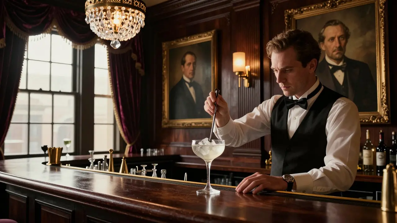 An elegant 1920s-style bar with velvet drapes and portraits of Hemingway, where a bartender stirs a cocktail with a silver spoon.