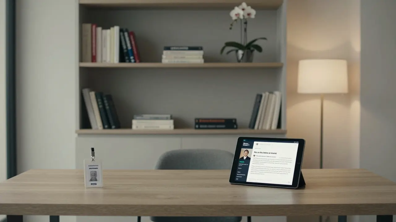 An elegant Paris escort agency office with verified ID and client review on display.