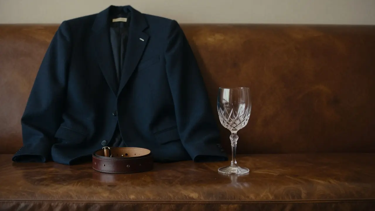 An empty leather booth with a folded jacket and wine glass, exuding quiet sophistication in Milan.