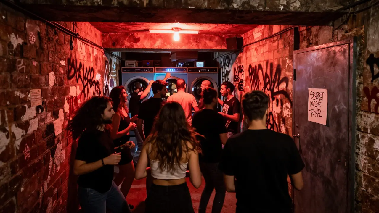 An underground club hidden behind a laundry shop, lit only by a red neon light with people dancing.