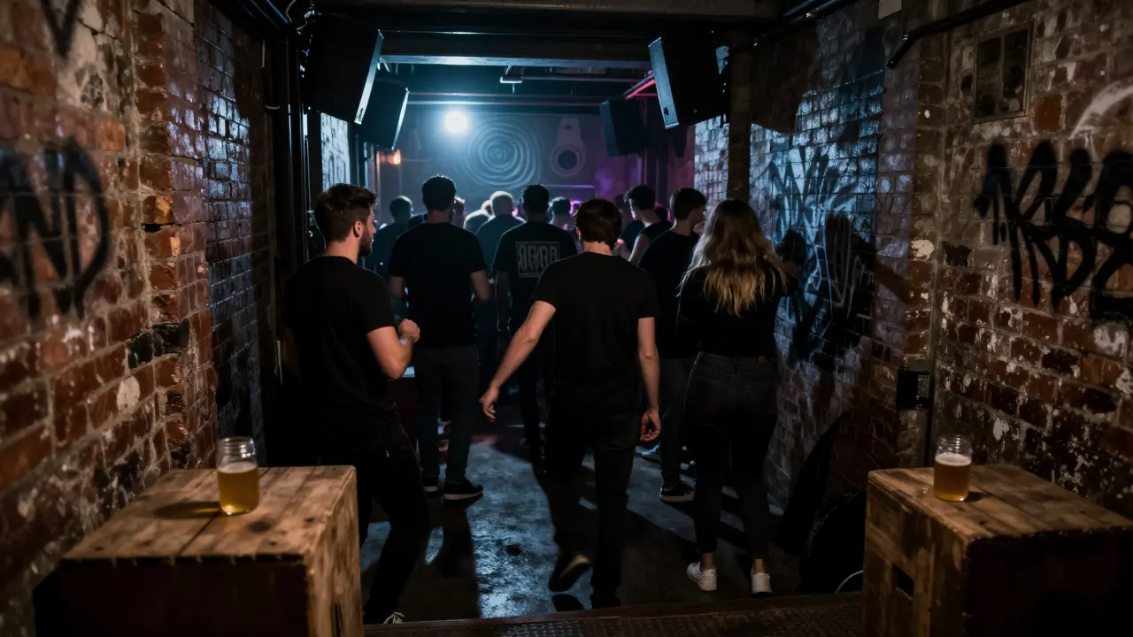 An underground club in a converted warehouse with a dark, moody atmosphere and dancers under strobing lights.