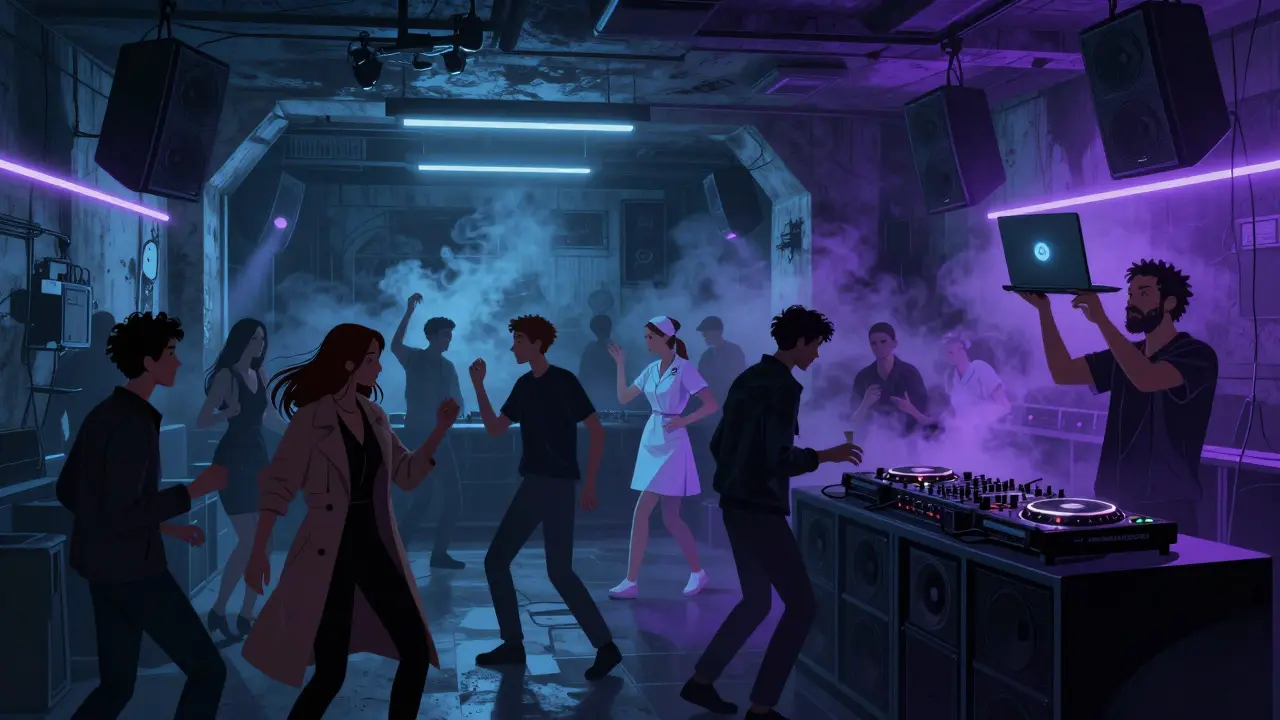 An underground club in Karaköy where people dance to Turkish techno under flickering lights and a laptop on a head.