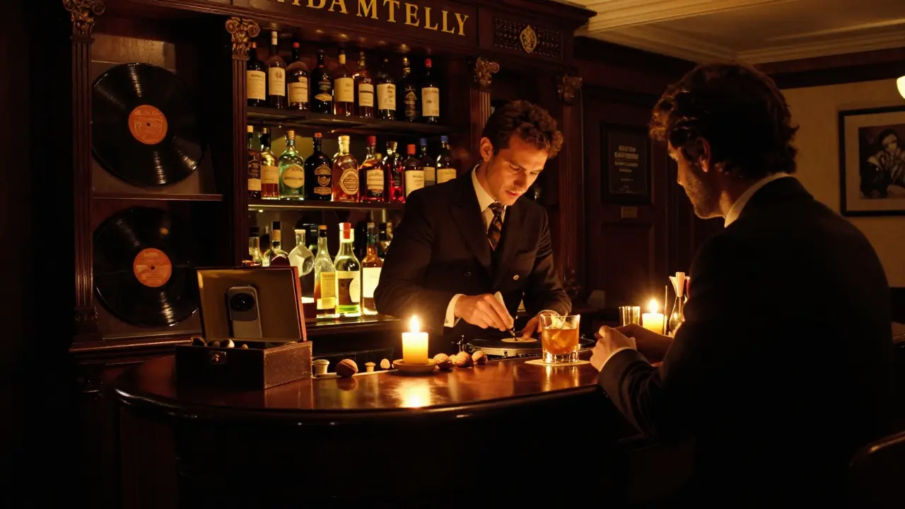 An underground speakeasy in candlelight where a bartender prepares a custom drink beside a locked phone box.