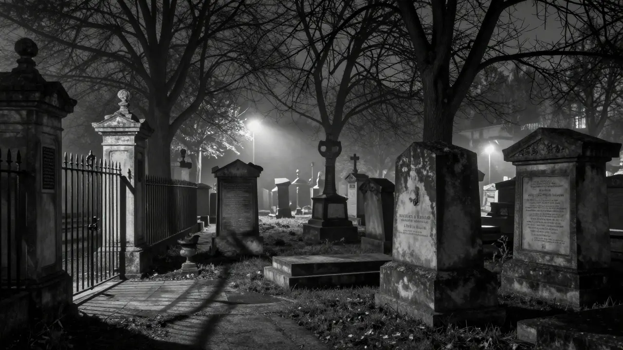 Ancient cemetery tombstones illuminated by streetlights under misty night sky.