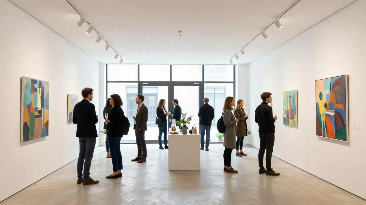 Art exhibition visitors examining paintings and drinking wine indoors.
