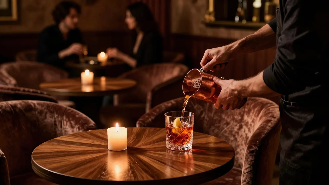 Bartender making a cocktail in a dimly lit intimate lounge setting