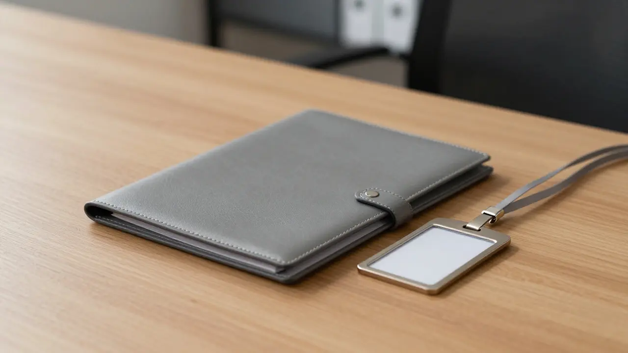 Close up of office desk with leather folder and metal ID badge.