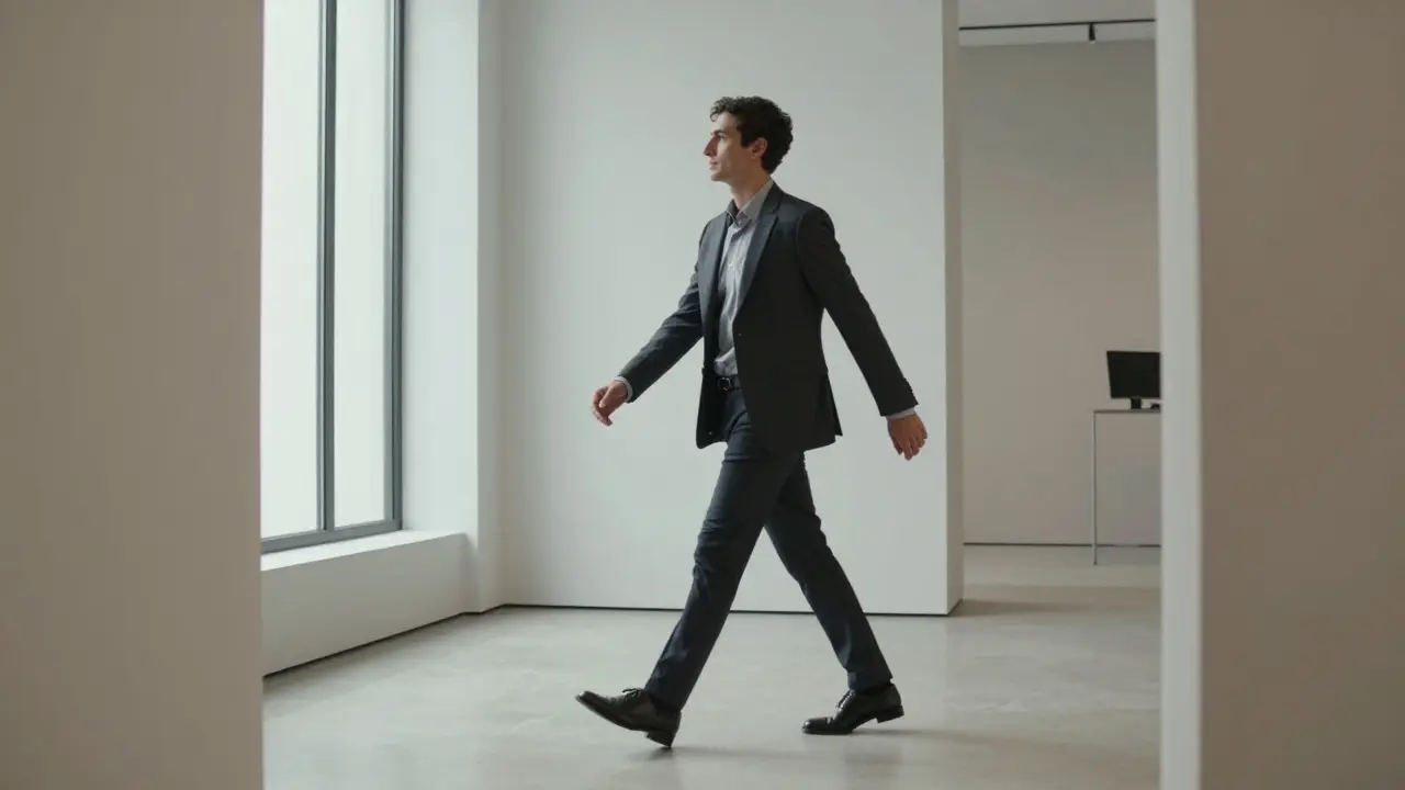 Confident person walking with strong posture in minimalist interior