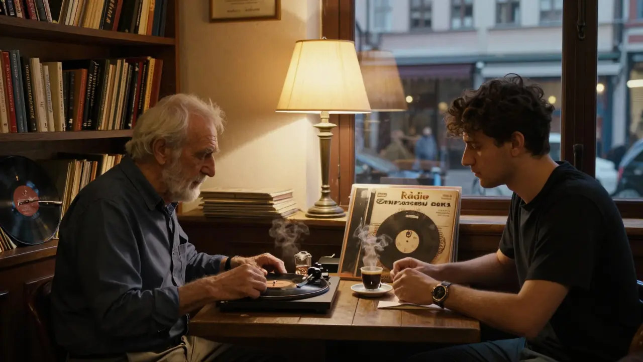Cozy café interior with an elderly man and young writer listening to jazz over coffee.