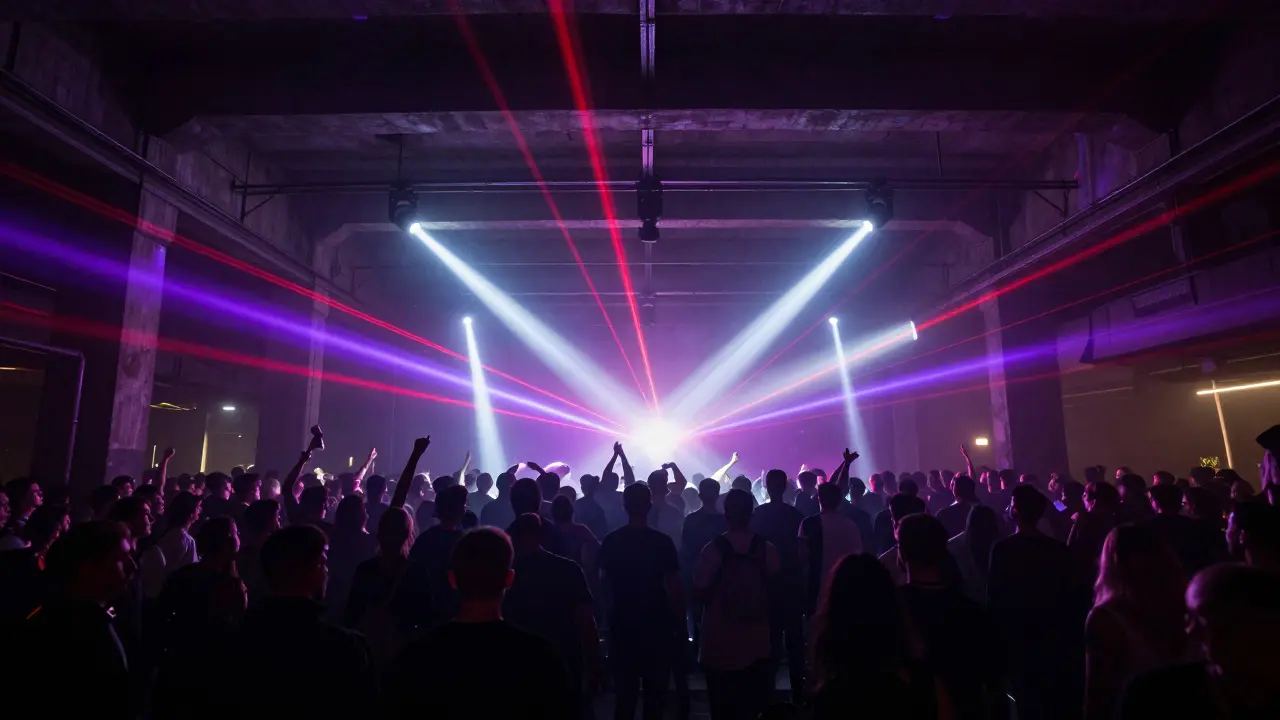 Crowd dancing in a large Milan nightclub with laser lights.