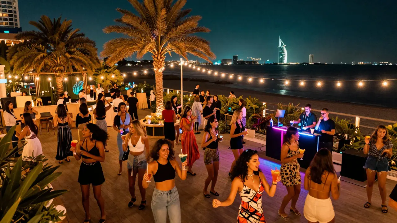Crowd of diverse women dancing at a vibrant outdoor garden club under string lights and palm trees.