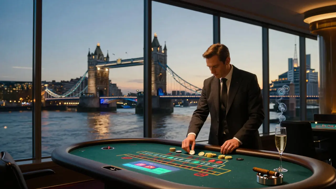 Crown Casino London at dawn with river views, a high-roller betting with cryptocurrency, and digital odds floating nearby.