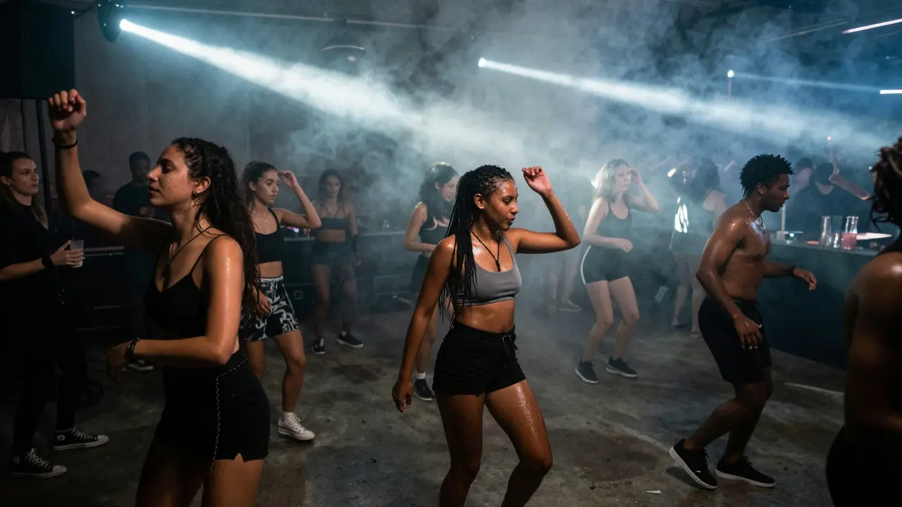Dancers moving under strobe lights in a raw concrete warehouse club at dawn.
