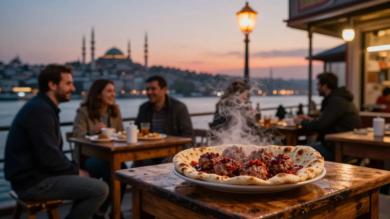 Early morning street food at dawn in Istanbul, with locals eating spicy meatballs as the city wakes up.