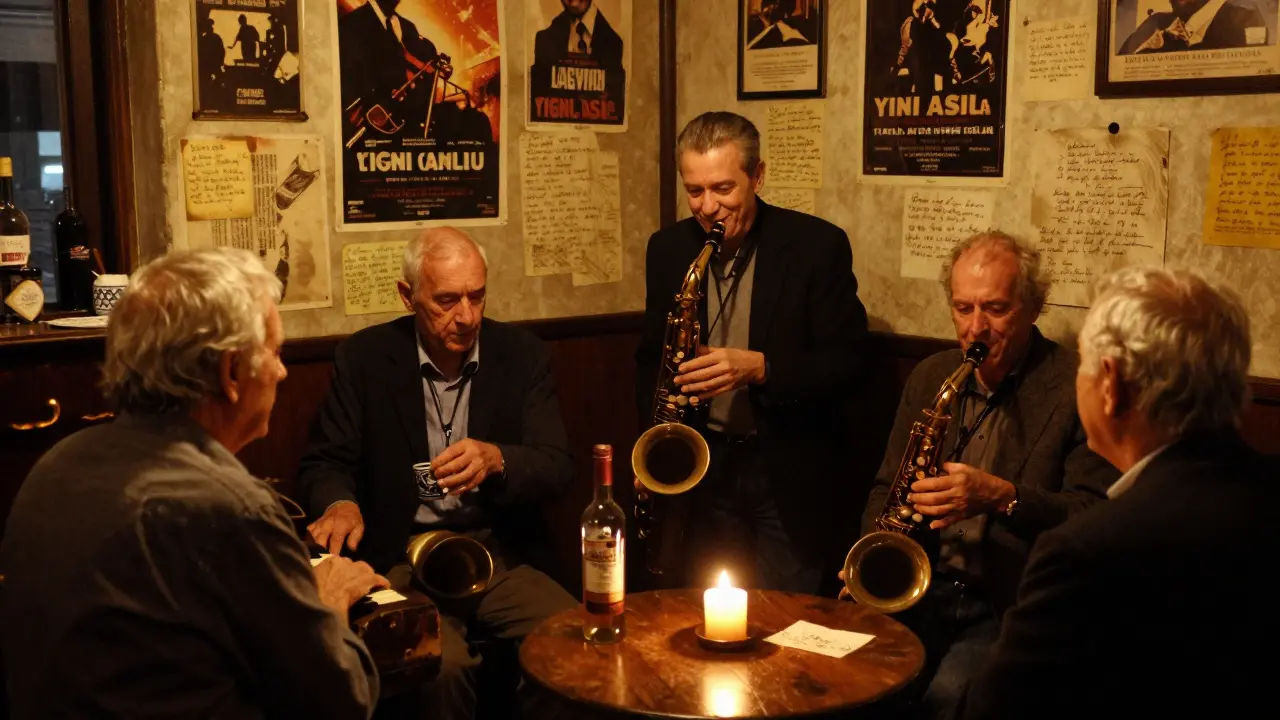 Elderly musicians playing live jazz in a cozy bar, surrounded by longtime patrons sharing raki and quiet conversation.