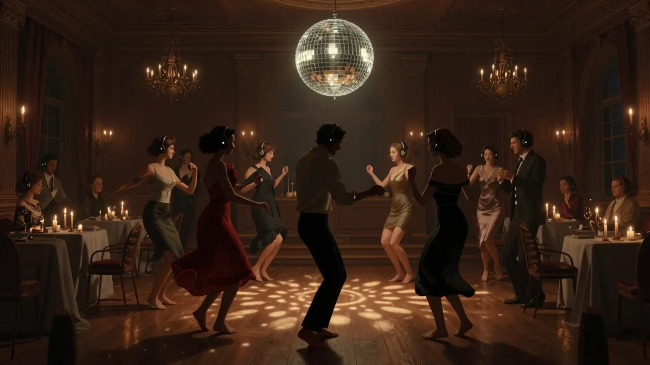 Elegant guests dancing silently in a candlelit room with wireless headphones under a mirror ball.