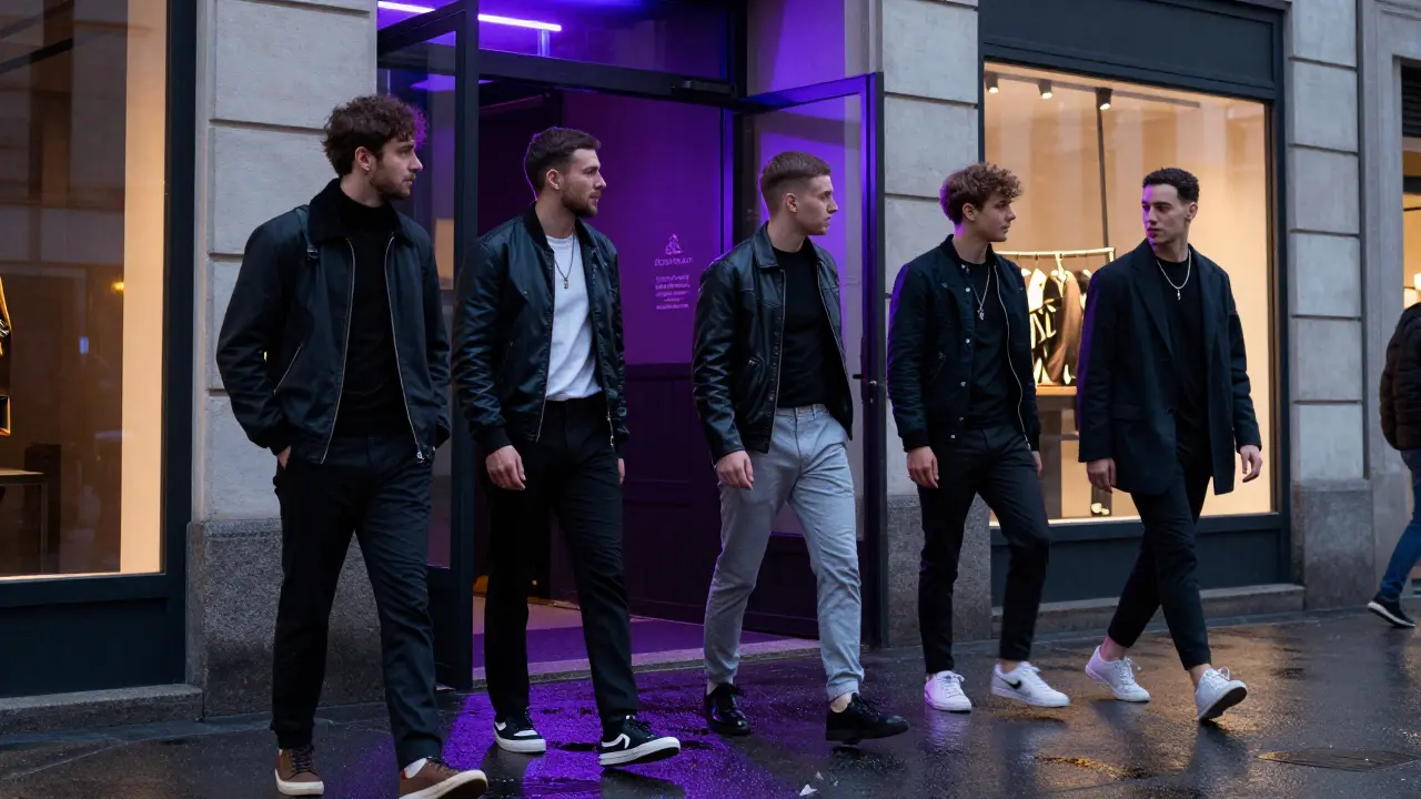 Fashionable people standing outside a club with city lights in background