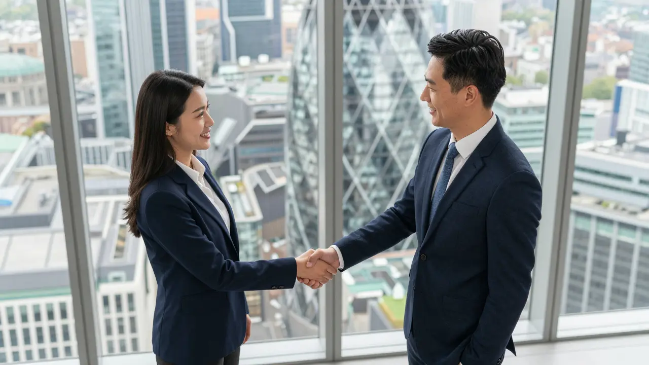Formal handshake in modern office with London city view.