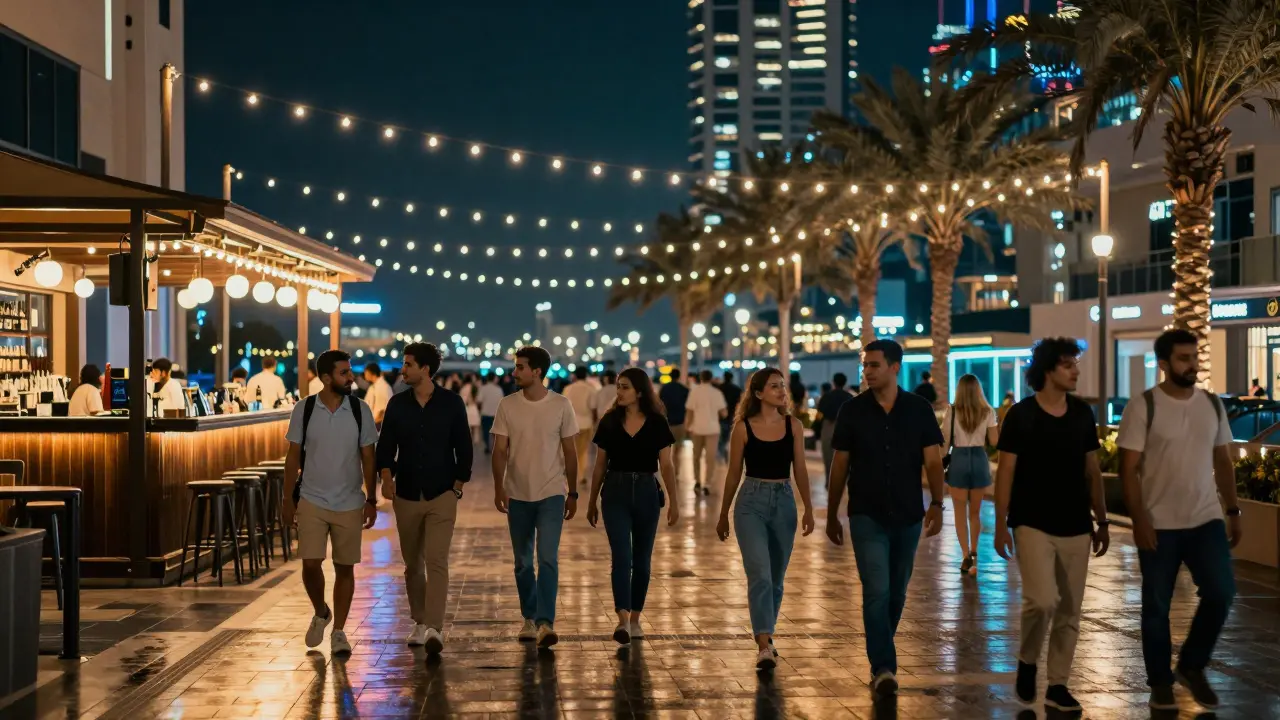 Groups walking along Dubai Marina waterfront promenade at night past glowing bars.