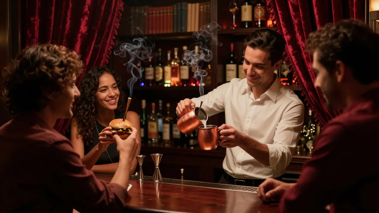 Hidden speakeasy bar with dim lighting, bartender pouring a cocktail, patrons smiling beside a mini burger.