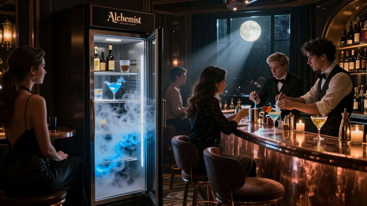 Hidden speakeasy interior with bartenders crafting glowing cocktails using liquid nitrogen and gold.