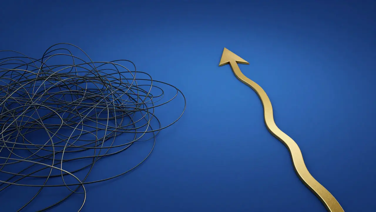 Illustration of a clear path compared to a tangled chaotic web.