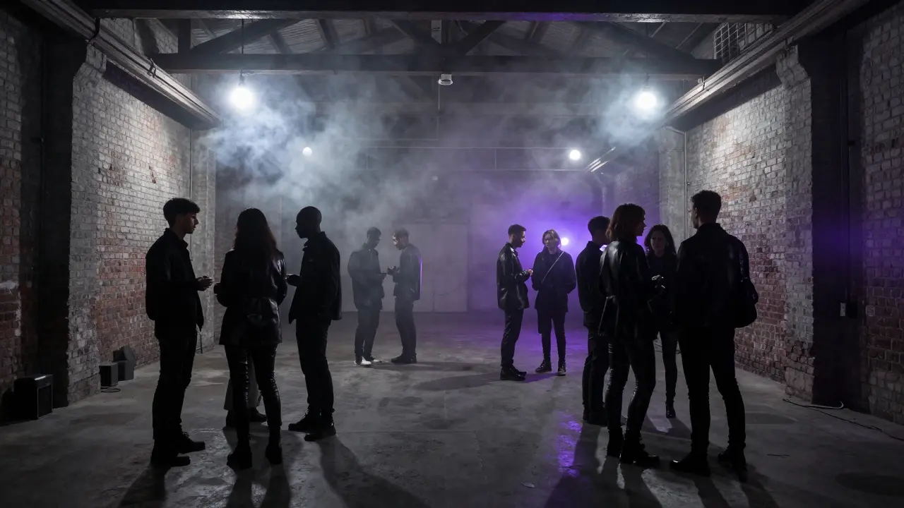 Interior of industrial warehouse club with smoke, dim lights, and silhouettes.