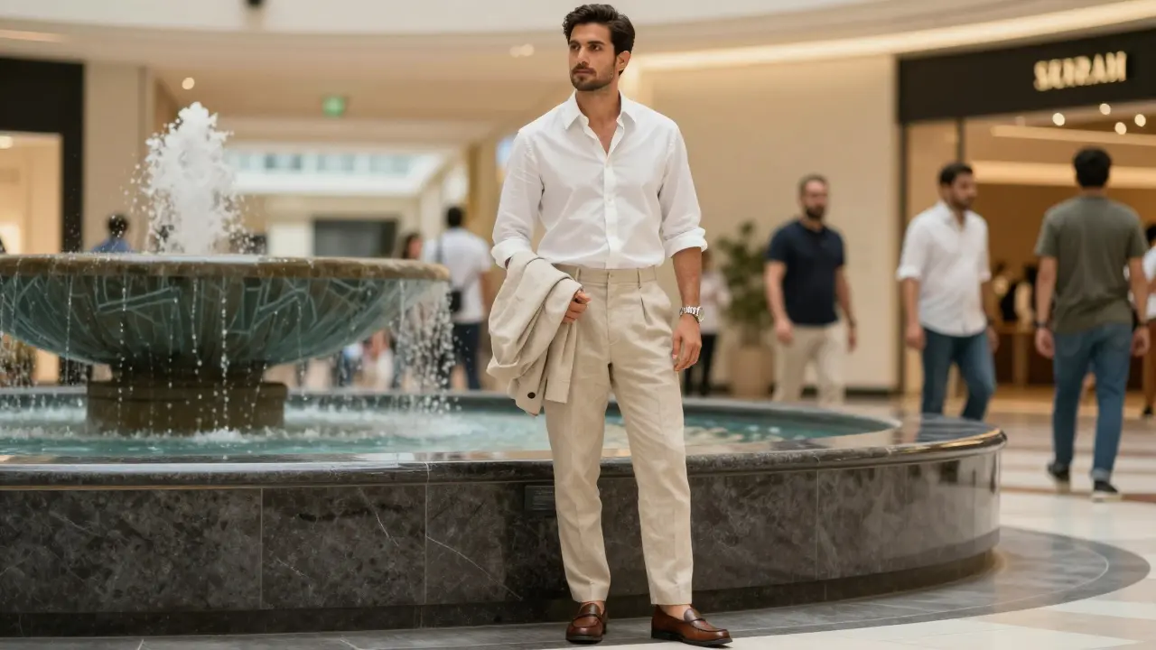 Man in linen trousers and white shirt standing calmly in Dubai Mall's atrium.