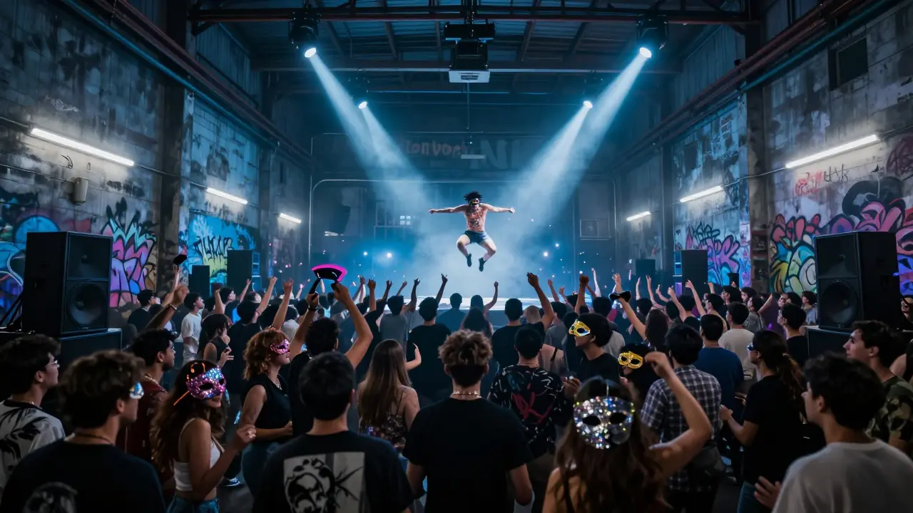 Massive warehouse dance party at dawn with glitter, masks, and intense lighting under towering speakers.