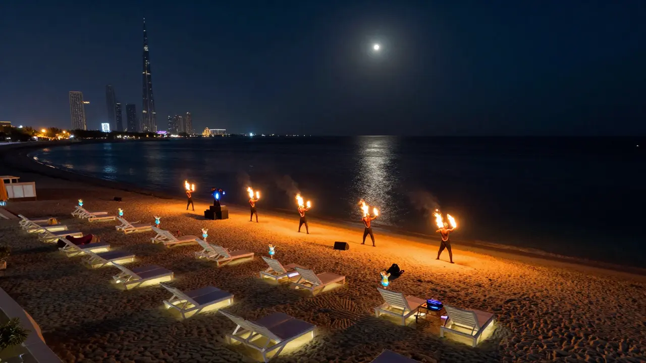 Nikki Beach Dubai at night with fire dancers, floating drinks, and the Burj Khalifa lit up on the horizon.