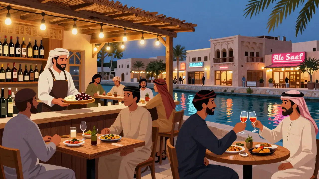 Open-air bar in Al Seef with wooden trays of dates and labneh, guests sipping wine under string lights at twilight.