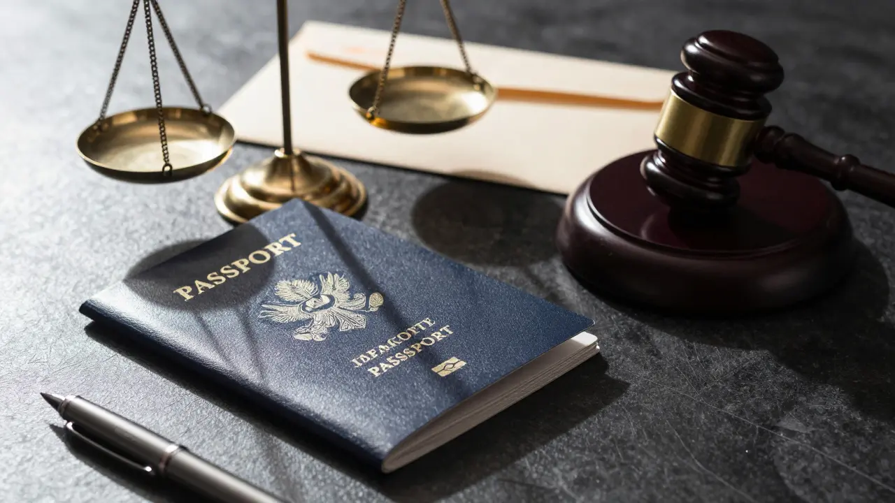 Passport and legal scales on a dark desk with shadows