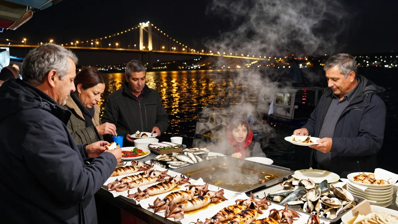 People eating grilled squid at a floating seafood stall under bridge lights at night.