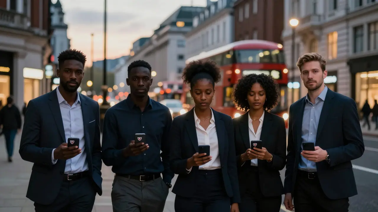 Professional London escorts standing with smartphones showing verification badges
