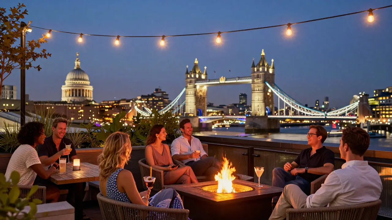 Rooftop bar at sunset with city skyline views, people enjoying cocktails under string lights and fire pits.