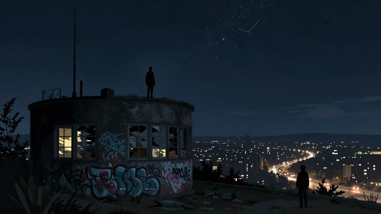 Silhouetted figures atop Teufelsberg at night, overlooking Berlin's glowing cityscape.