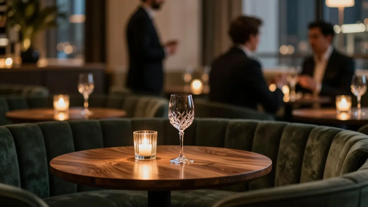 Sophisticated lounge interior with dim lighting and wine glasses