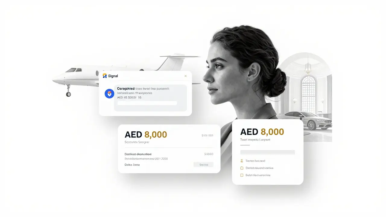 Symbolic elements of a verified escort service: encrypted message, payment receipt, and professional website.