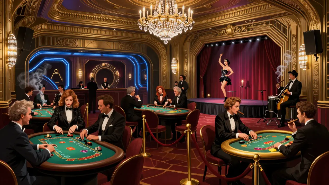 The Hippodrome Casino with Art Deco decor, a burlesque show, and patrons gambling under chandeliers.