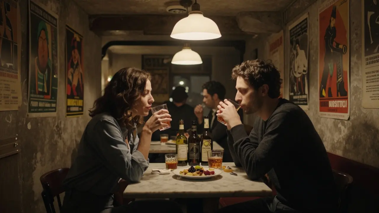 Two people enjoy aperitivo in a hidden Milanese basement bar, warm lighting and vintage decor creating an intimate atmosphere.