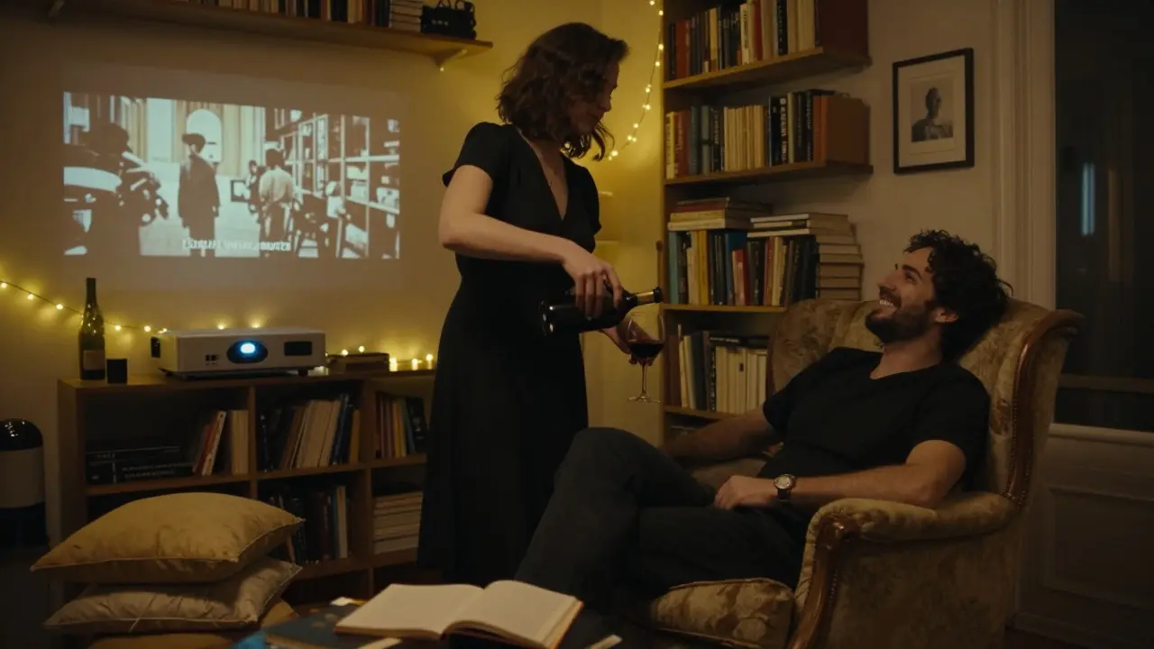 Two people share a quiet evening in a Montmartre apartment, wine pouring, classic film playing, soft light from string bulbs.