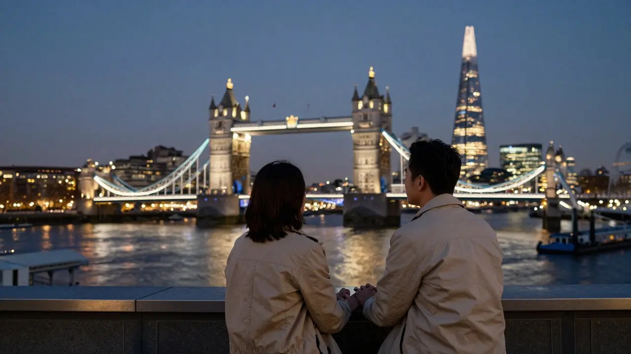 Two people sitting together on a rooftop terrace, gazing at London’s illuminated skyline at night.